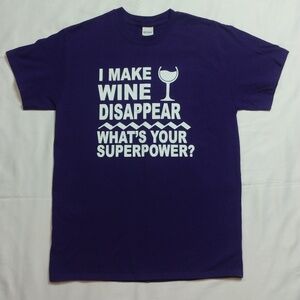 NWOT Gildan Purple Graphic Short Sleeve I MAKE WINE DISAPPEAR Superpower Tee M